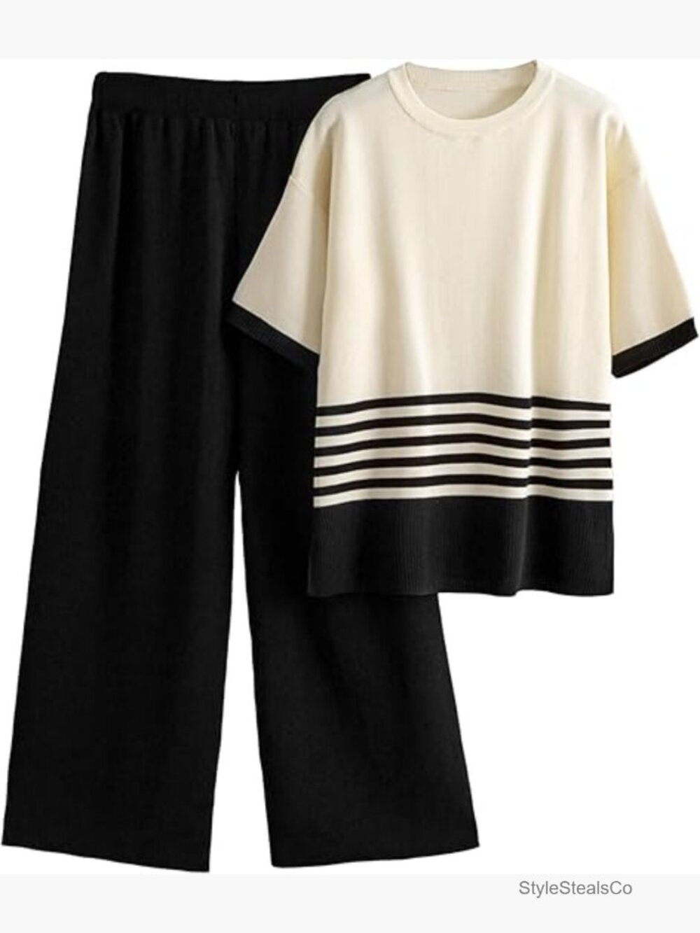 Striped Lounge Set Short Sleeve W Pants Knit Travel Outfit Loose Fit